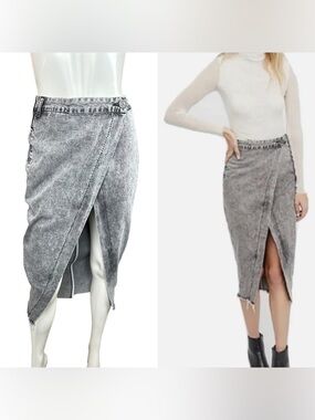 One Teaspoon Stonewashed Gray Society Raw Hem High Slit MIDI Wrap Skirt Size 26